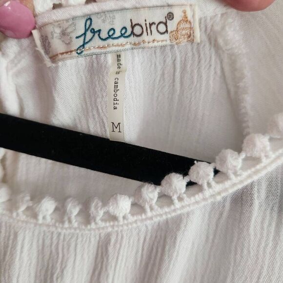 Freebird Top Blouse Womens Medium Boho Gauze Crochet Lace Trim Open Back - Picture 3 of 5